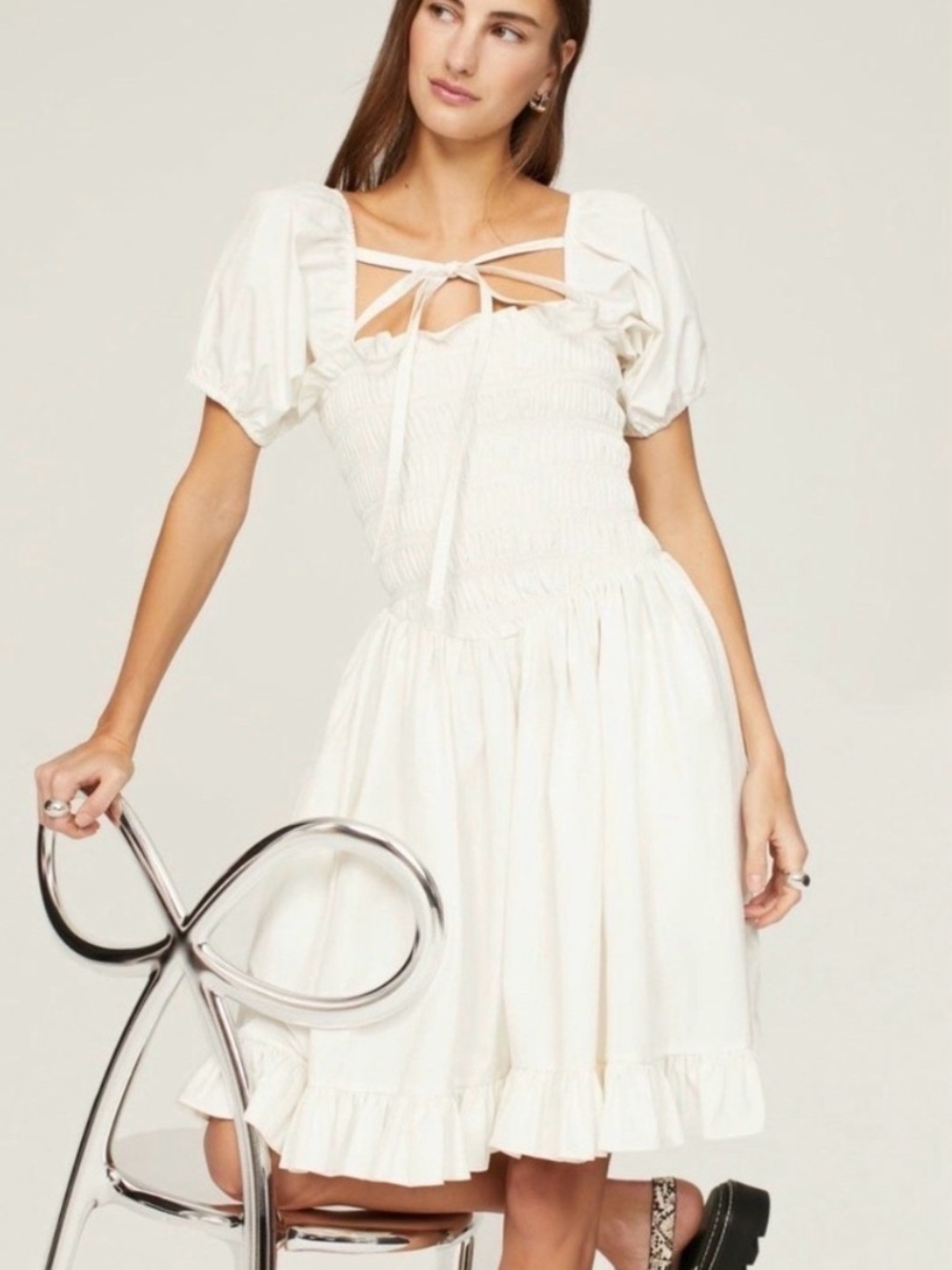 Sandy Liang White Smocked Kleen Puff-Sleeve Mini Dress with Tie Detail